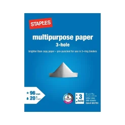 Staples 8.5" x 11" 3-Hole Punch Multipurpose Paper, 20 lbs., 96 Brightness, 500/Ream (05031)