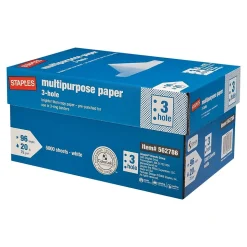 Staples 8.5" x 11" 3-Hole Punch Multipurpose Paper, 20 lbs., 96 Brightness, 500/Ream, 10 Reams/Carton (05030)