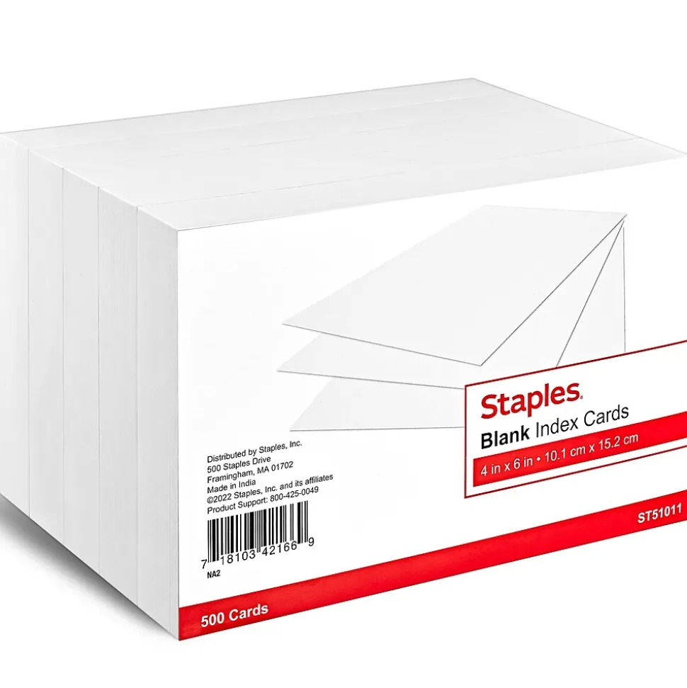 Staples 4" x 6" Index Cards, Blank, White, 500/Pack (TR51011)