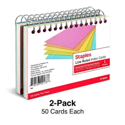 Staples™ 3" x 5" Index Cards, Lined, Neon, 50 Cards/Pack, 2 Packs/Carton (TR50994)