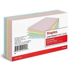 Staples 3" x 5" Index Cards, Lined, Assorted Colors, 100/Pack (TR51004)