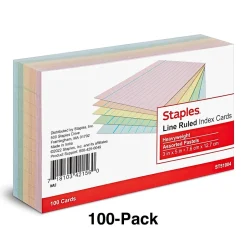 Staples 3" x 5" Index Cards, Lined, Assorted Colors, 100/Pack (TR51004)
