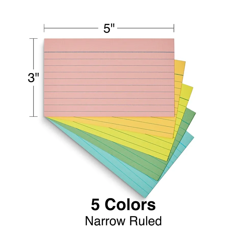 Staples 3" x 5" Index Cards, Lined, Assorted Colors, 100/Pack (TR51004)