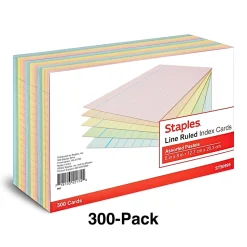 Staples 5" x 8" Index Cards, Lined, Assorted Colors, 300/Pack (TR50995)