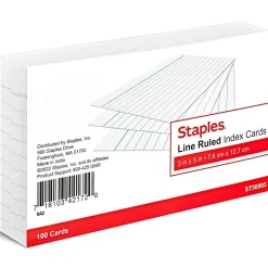 Staples 3" x 5" Index Cards, Narrow Ruled, White, 100/Pack (TR50993)