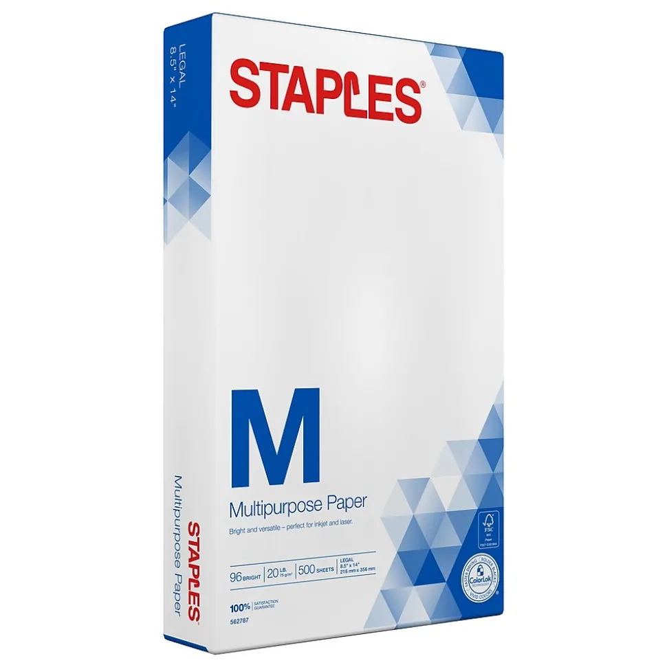 Staples 8.5" x 14" Multipurpose Paper, 20 lbs., 96 Brightness, 500/Ream (05029)