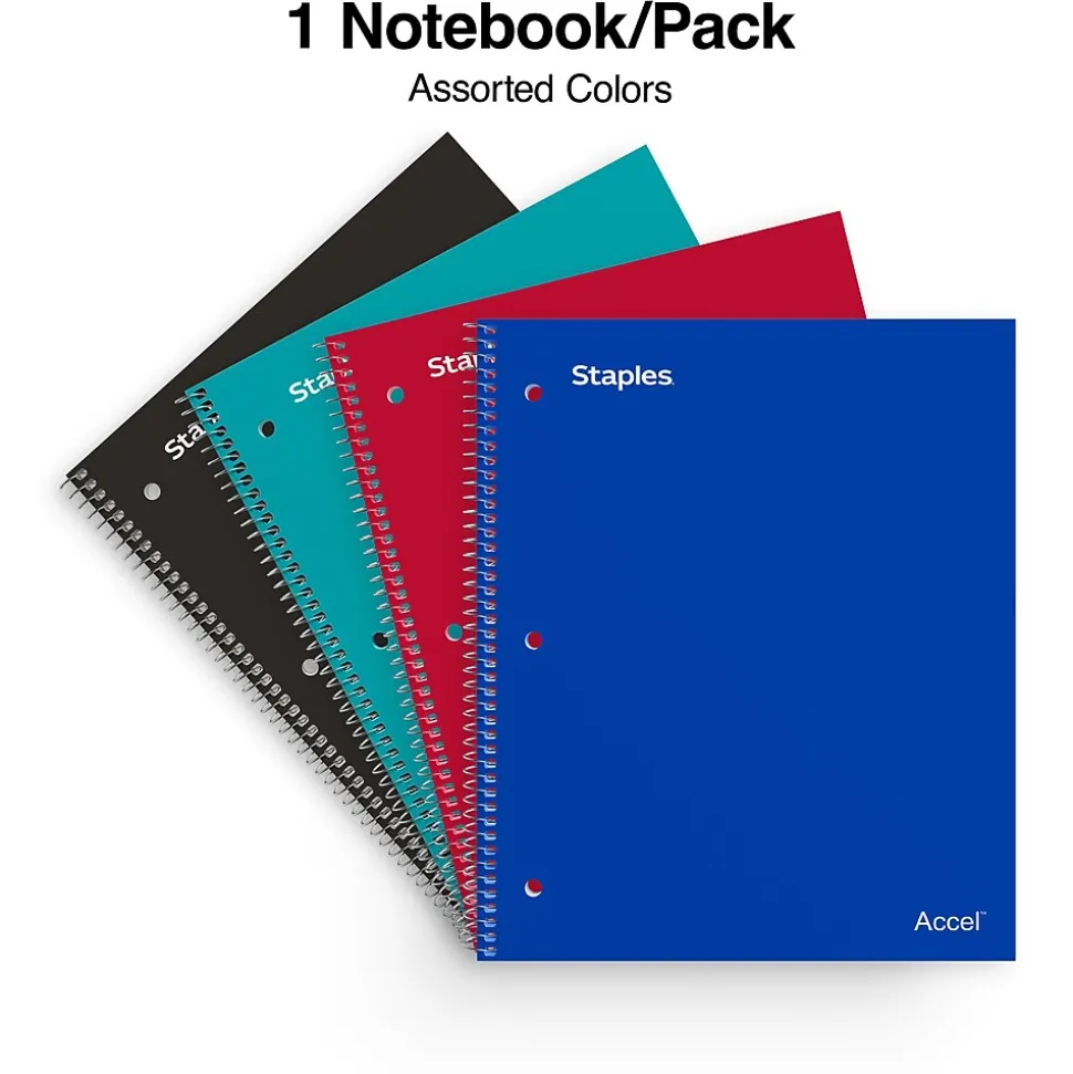 Staples® Accel 5-Subject Notebook, 8.5" x 11", College Ruled, 200 Sheets, Assorted Colors (ST15761D)