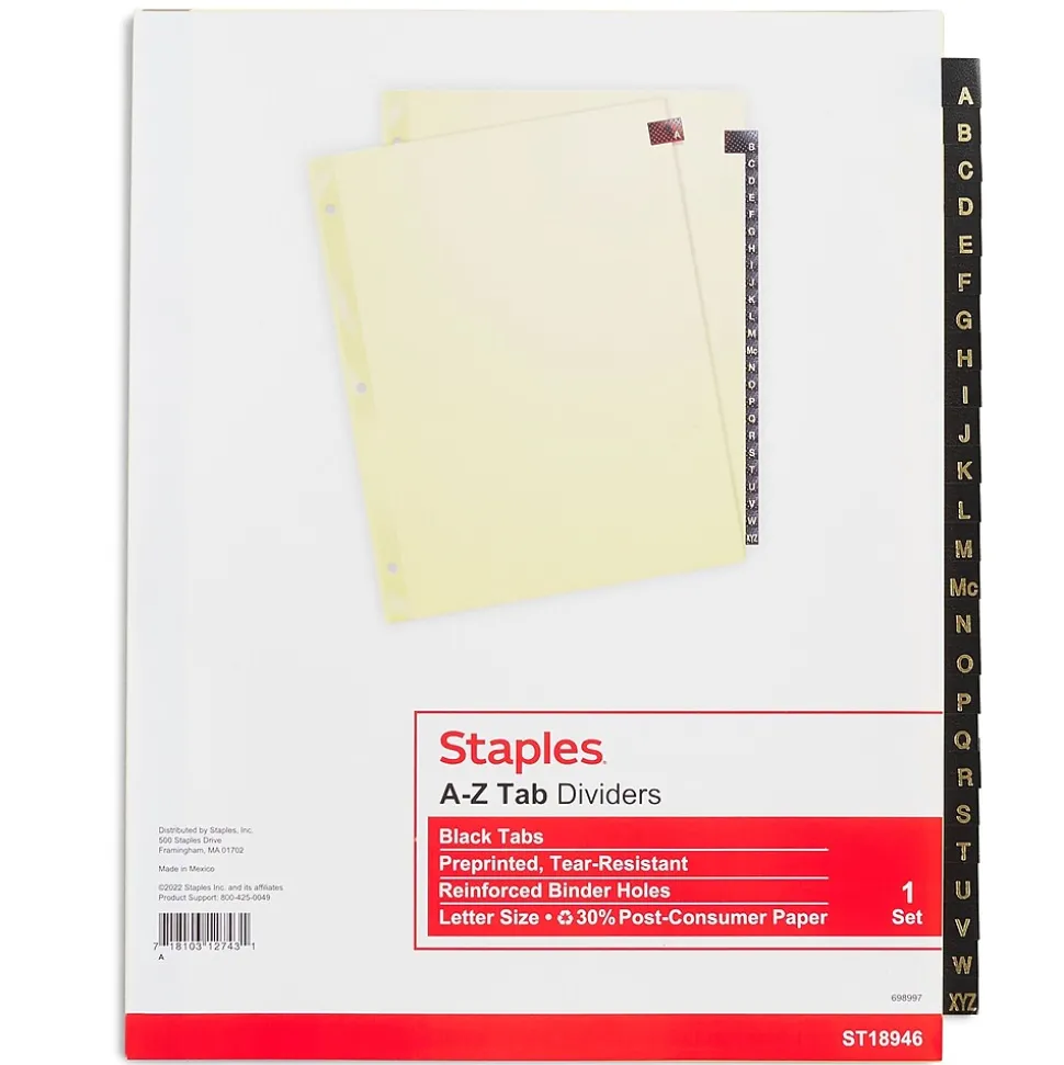 Staples Alphabetical Pre-Printed Paper Divider, A-Z Tabs, Buff/Black Tabs, 1 Set (18946/11483)