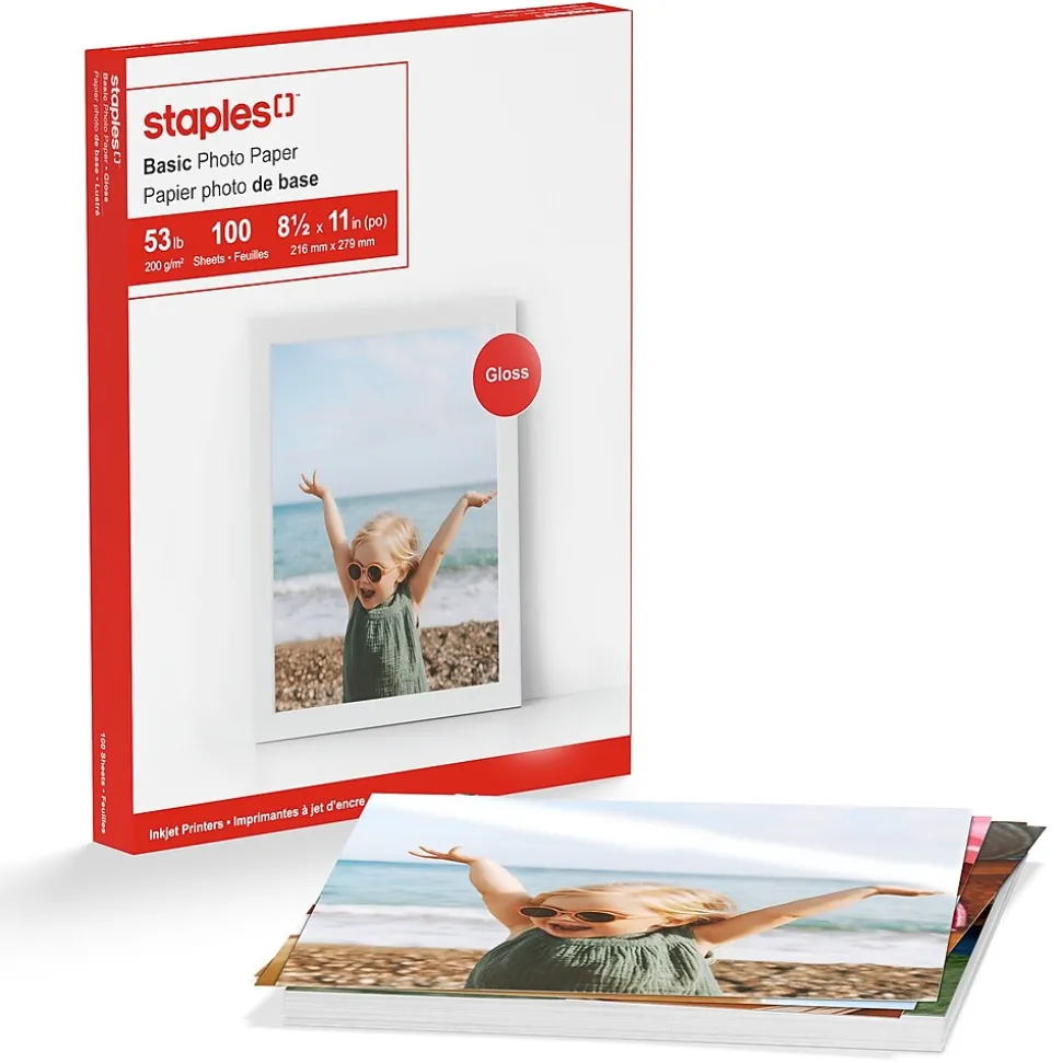 Staples Basic Glossy Photo Paper, 8.5"W x 11"L, 100/Pack (19900/13607)