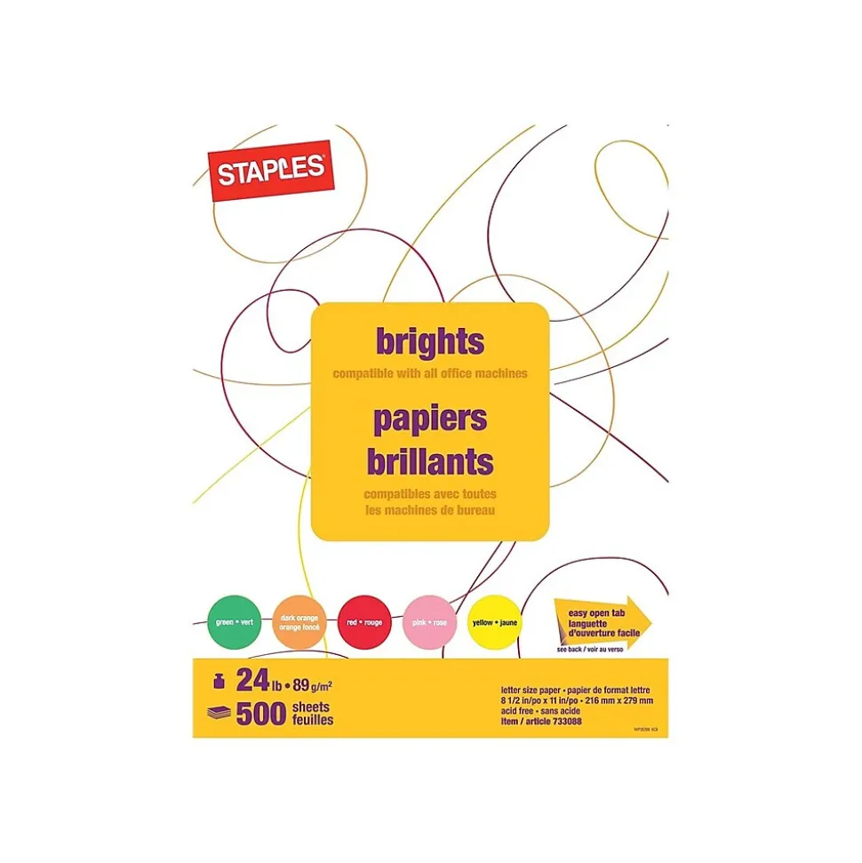 Staples Brights Multipurpose Paper, 24 lbs., 8.5" x 11", Assorted, 500/Ream (20200)