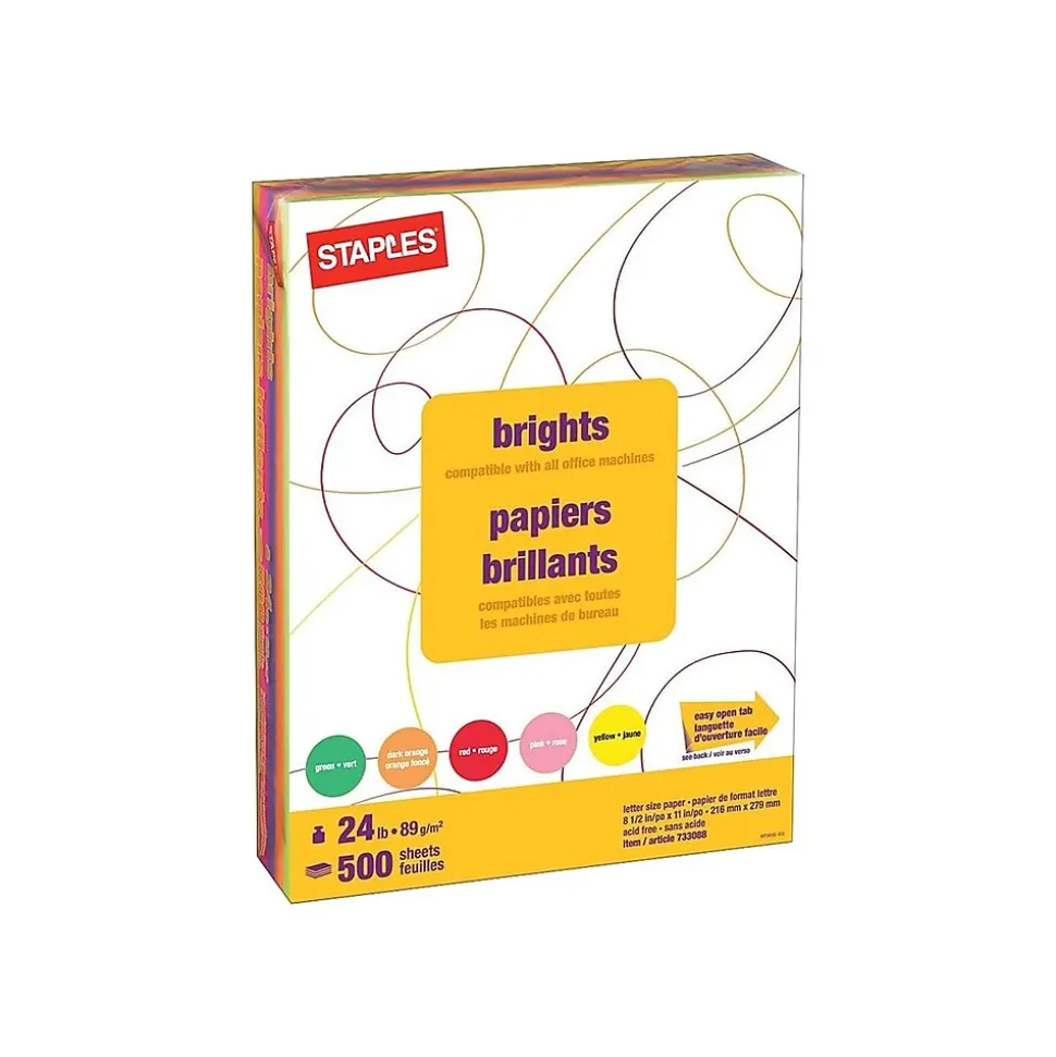 Staples Brights Multipurpose Paper, 24 lbs., 8.5" x 11", Assorted, 500/Ream (20200)