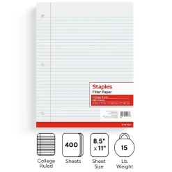 Staples® College Ruled Filler Paper, 8.5" x 11", White, 400 Sheets/Pack (ST27521D)