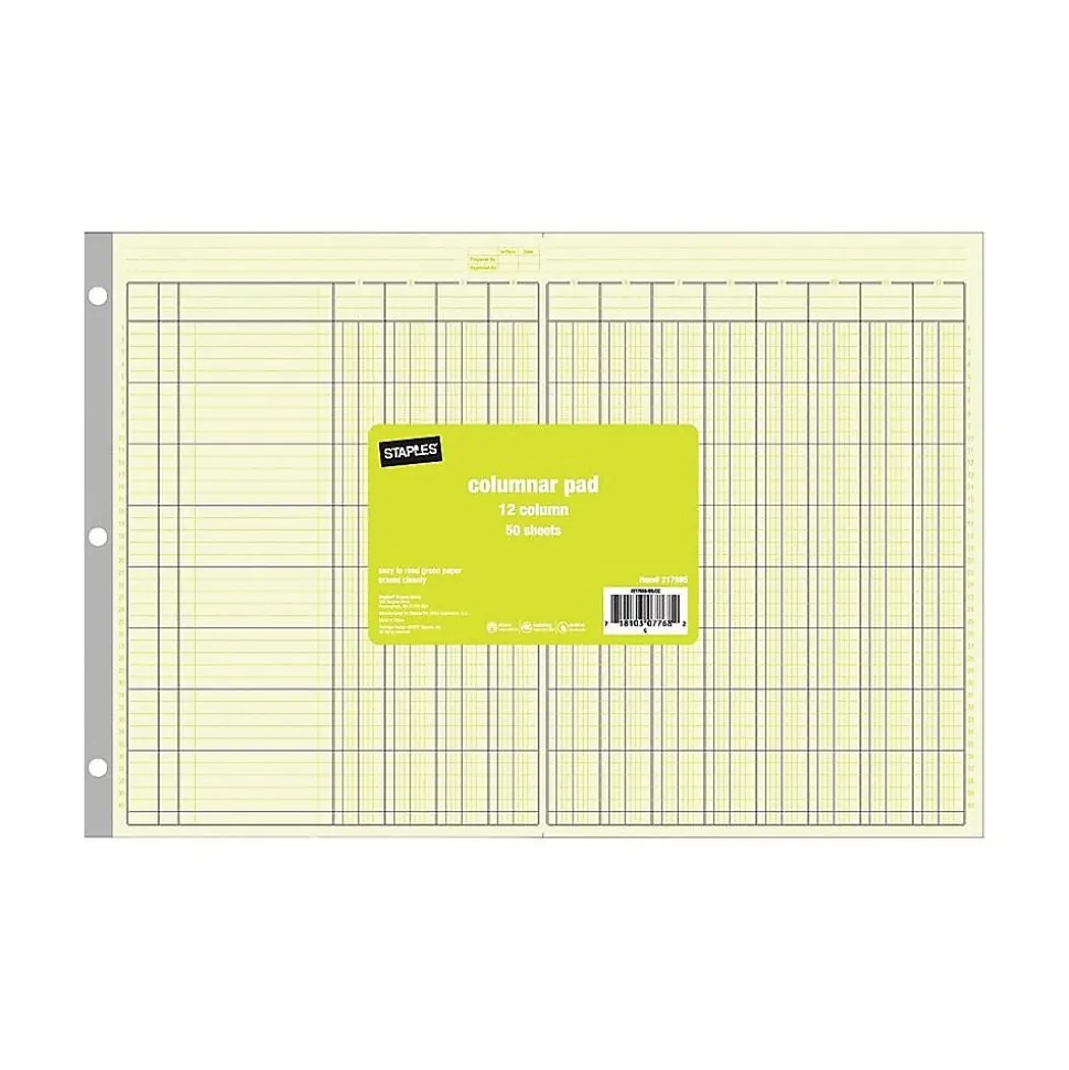 Staples® Columnar Book, 12 Columns, 16.31" x 11", Green, 50 Sheets/Book (217885)