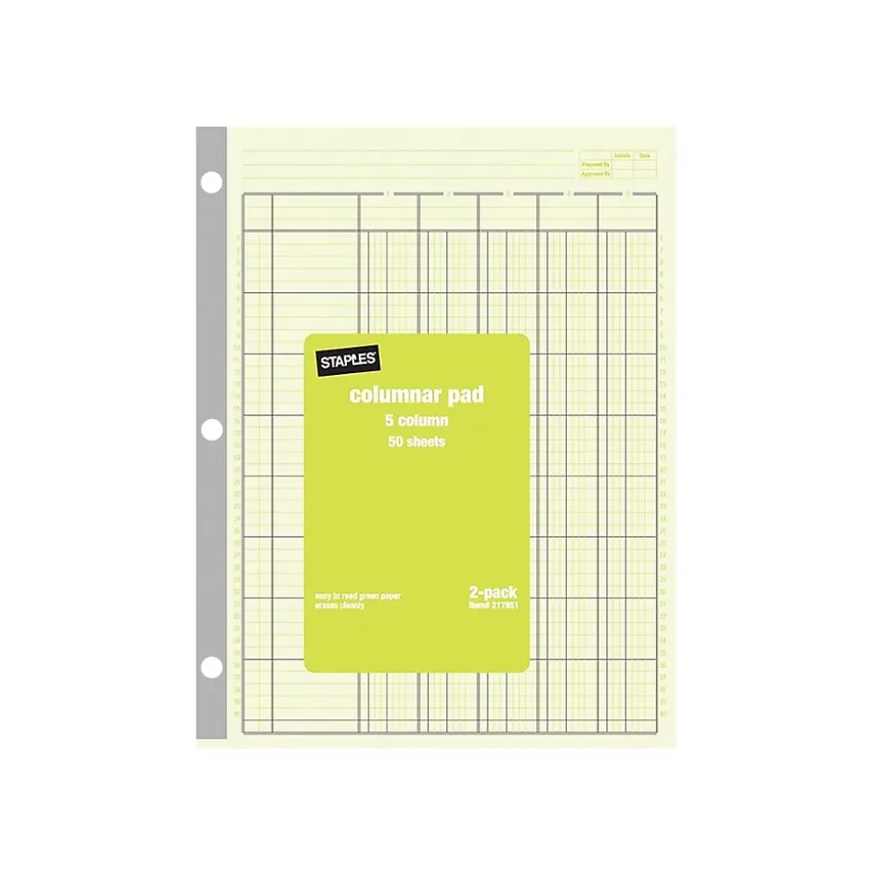 Staples Columnar Books, 100 Pages, 5 Columns, Green, 2/Pack (217851ABF)