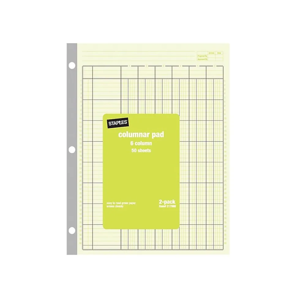 Staples Columnar Books, 100 Pages, 6 Columns, Green, 2/Pack (217869)