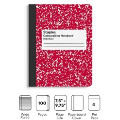 Staples® Composition Notebooks, 7.5" x 9.75", Wide Ruled, 100 Sheets, Assorted Colors, 4/Pack (ST58368)