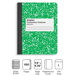 Staples® Composition Notebook, 7.5" x 9.75", Wide Ruled, 100 Sheets, Green (ST55074)