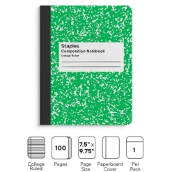 Staples® Composition Notebook, 7.5" x 9.75", College Ruled, 100 Sheets, Green (ST55066)