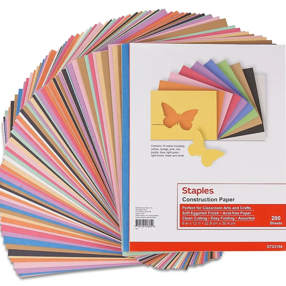 Staples Construction Paper, 9"W x 12"L, Assorted, 200/Pack (23104)