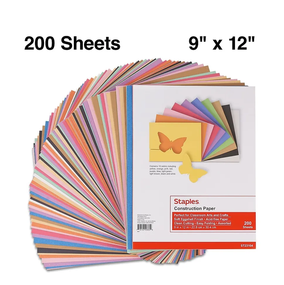 Staples Construction Paper, 9"W x 12"L, Assorted, 200/Pack (23104)