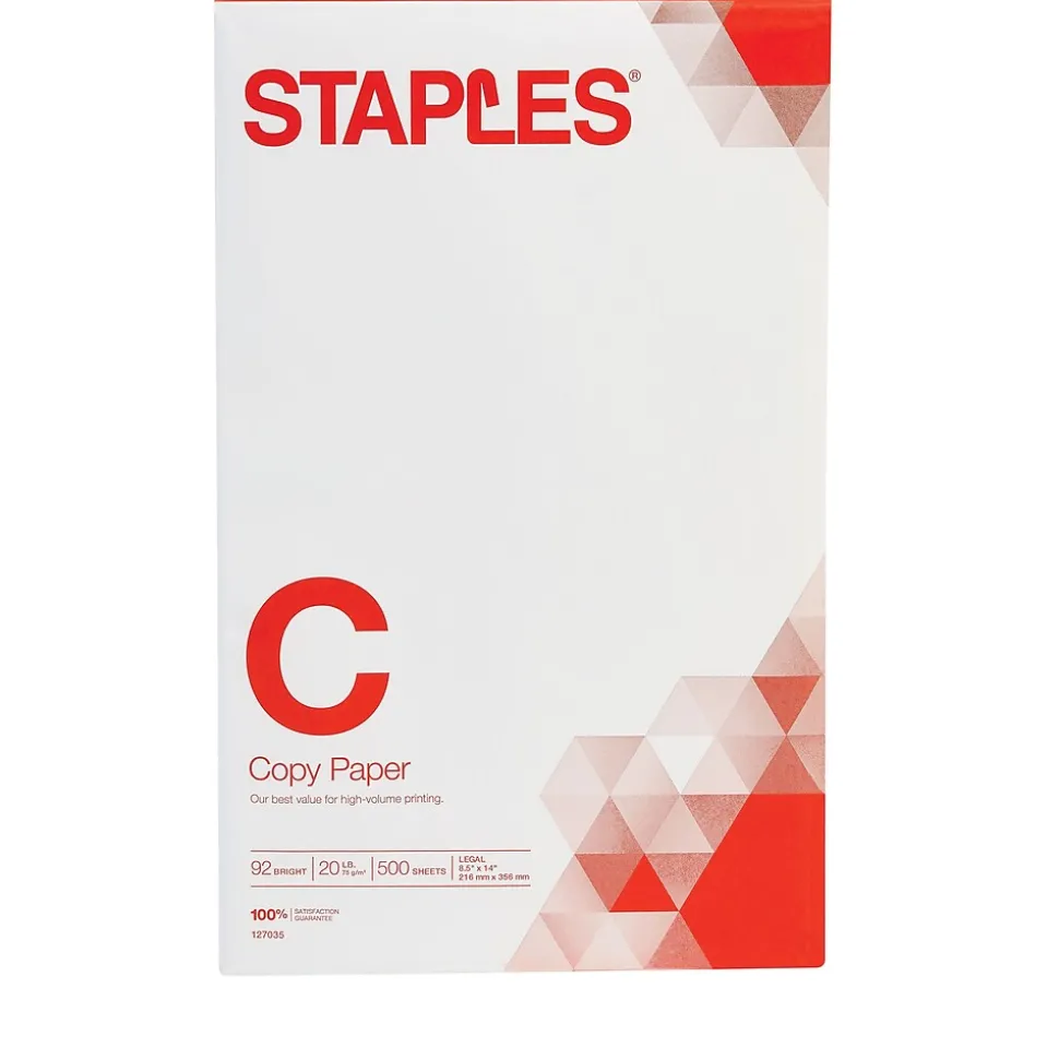 Staples Copy Paper, 8.5" x 14", 20 lbs., White, 500 Sheets/Ream (127035/08635-0)