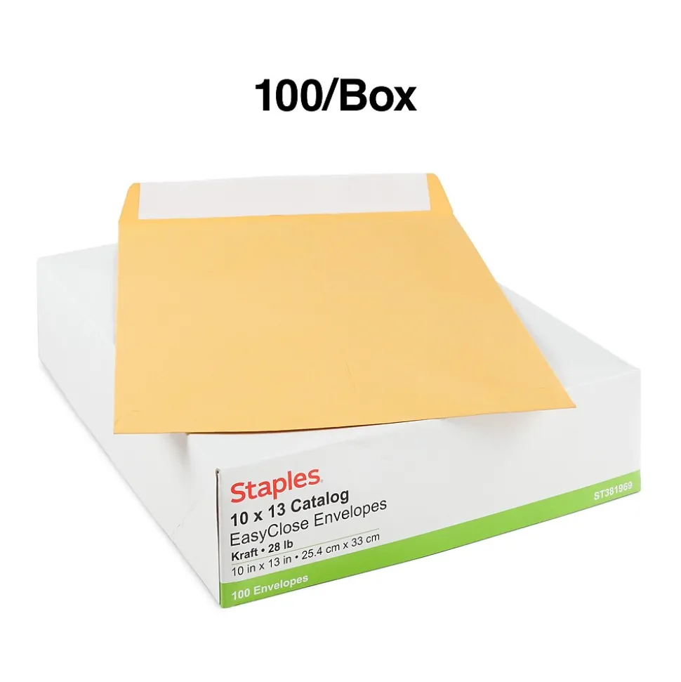 Staples EasyClose Kraft Catalog Envelopes, 10"L x 13"H, Brown, 100/Box (381969/19023)
