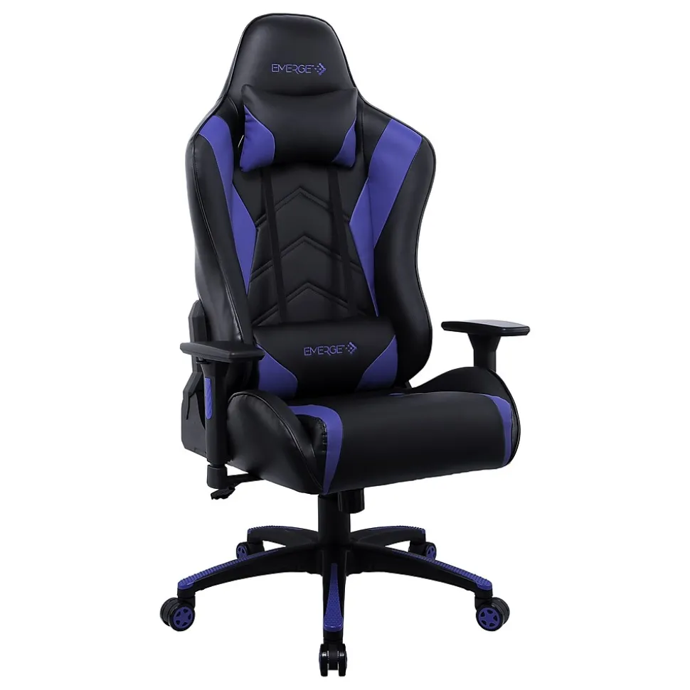 Staples Emerge Vartan Bonded Leather Ergonomic Gaming Chair, Black/Blue (53242V)