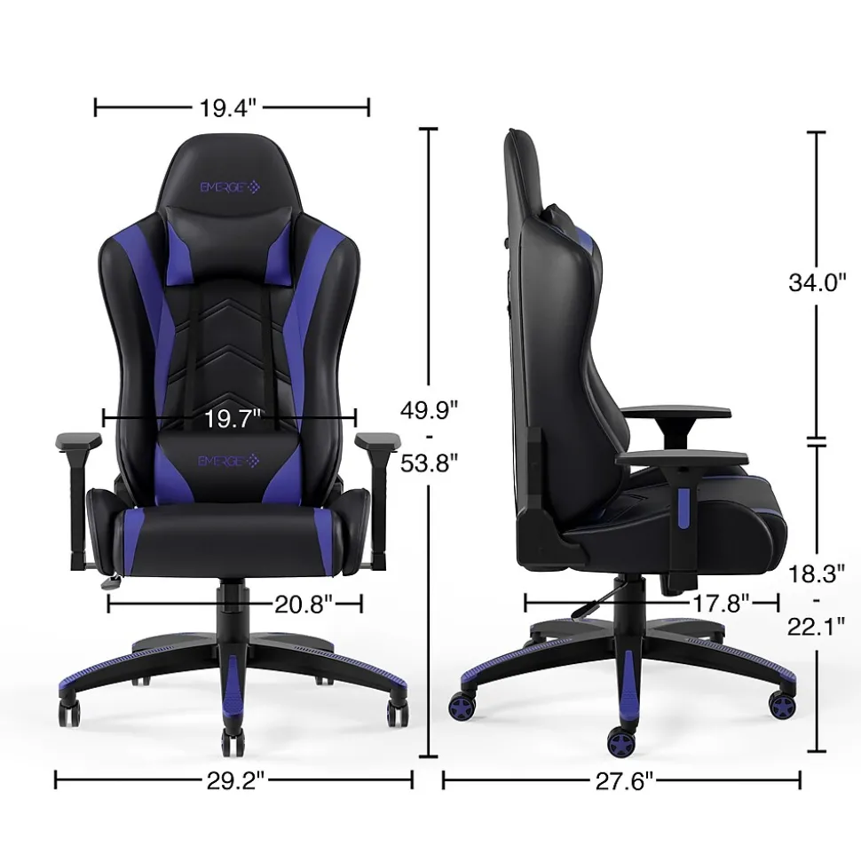 Staples Emerge Vartan Bonded Leather Ergonomic Gaming Chair, Black/Blue (53242V)