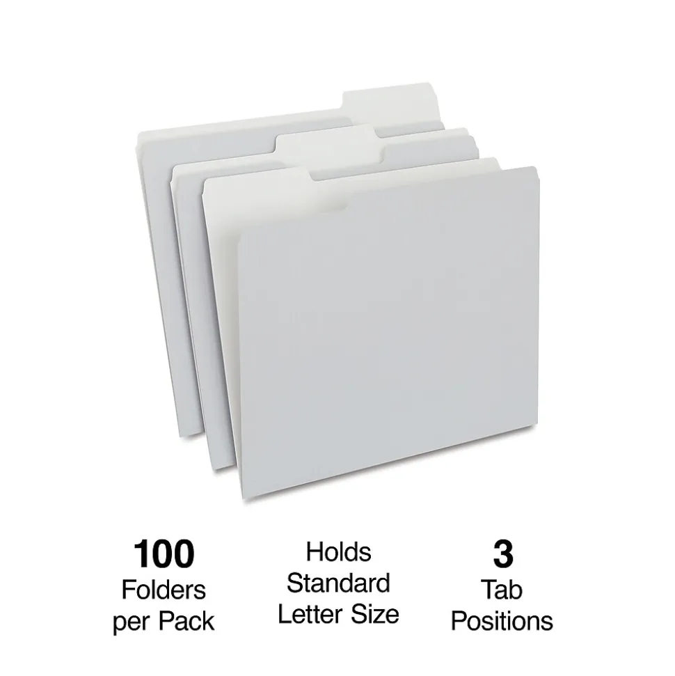 Staples File Folders, 1/3-Cut Tab, Letter Size, Gray, 100/Box (ST433664-CC)