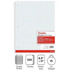 Staples Graph Ruled Filler Paper, 8.5" x 11", White, 100 Sheets/Pack (TR25139)