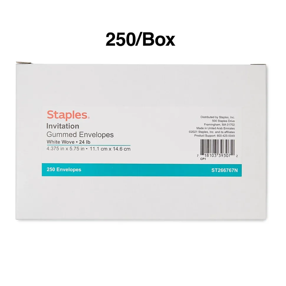 Staples Gummed Invitation Envelopes, 5 3/4" x 4 3/8", White, 250/Box (266767N)