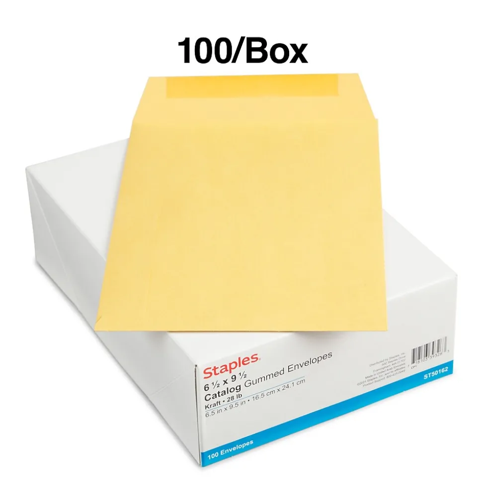 Staples Gummed Kraft Catalog Envelopes, 6.5" x 9.5", Brown, 100/Box (SPL534701)