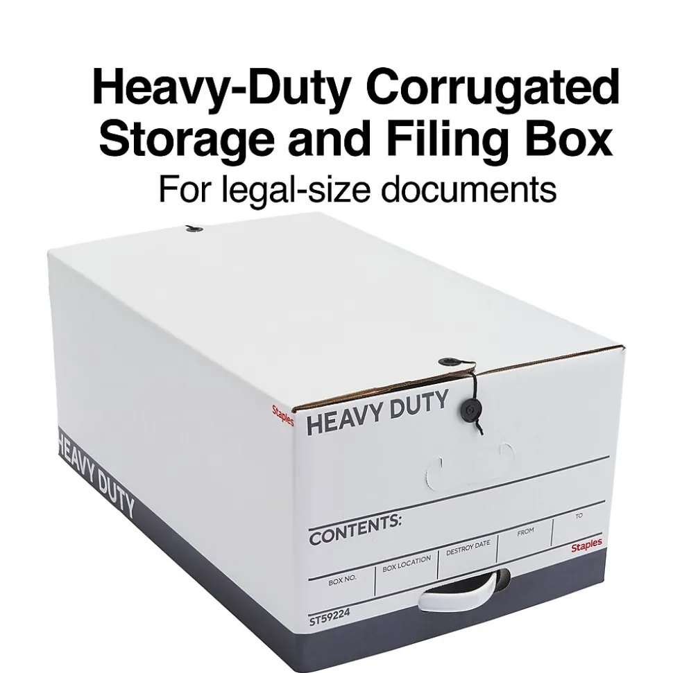 Staples Heavy Duty File Box, String and Button Lid, Legal, White/Gray, 4/Pack (TR59224)