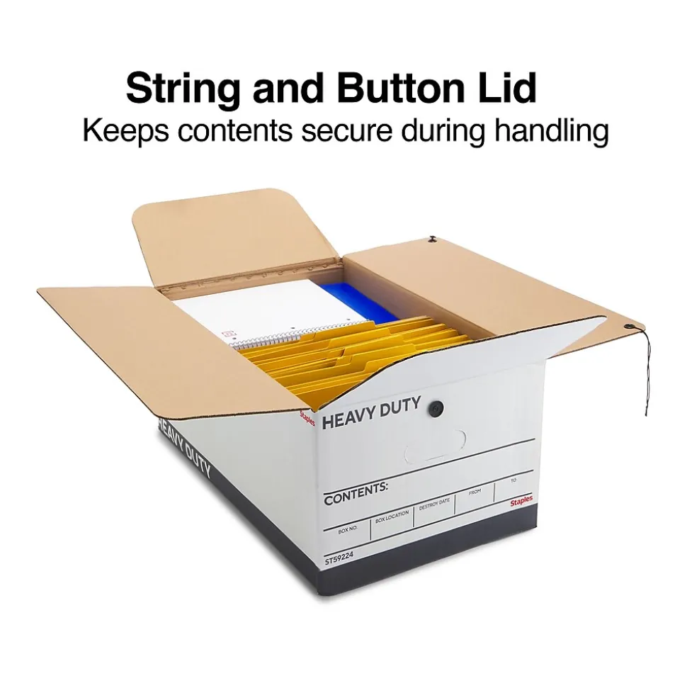Staples Heavy Duty File Box, String and Button Lid, Legal, White/Gray, 4/Pack (TR59224)