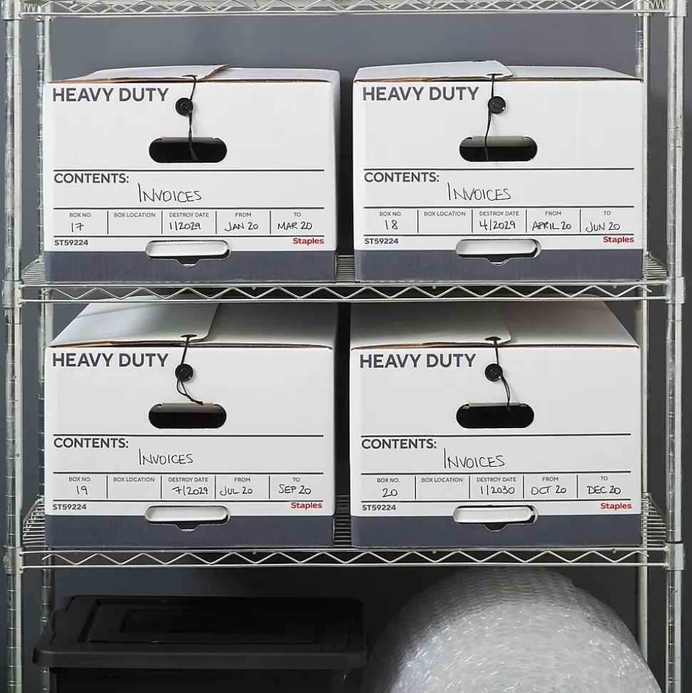 Staples Heavy Duty File Box, String and Button Lid, Legal, White/Gray, 4/Pack (TR59224)