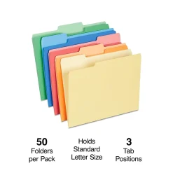 Staples Heavyweight File Folders, 1/3-Cut Tab, Letter Size, Assorted Colors, 50/Box (ST18363-CC)