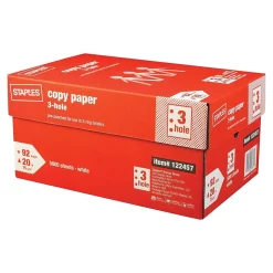 Staples 3-Hole Punch Copy Paper, 8.5" x 11", 20 lbs., 500 Sheets/Ream, 10 Reams/Carton (221192)