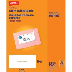 Staples® Inkjet/Laser Shipping Labels, 2" x 4", White, 10 Labels/Sheet, 100/Sheets/Pack (18060CT)