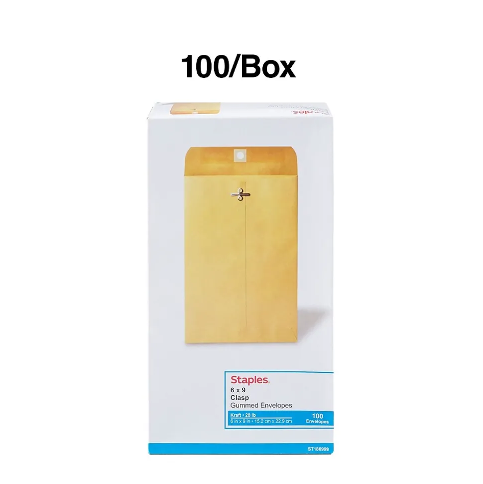 Staples Kraft Clasp & Moistenable Glue Catalog Envelopes, 6" x 9", Brown, 100/Box (ST186999-CC)