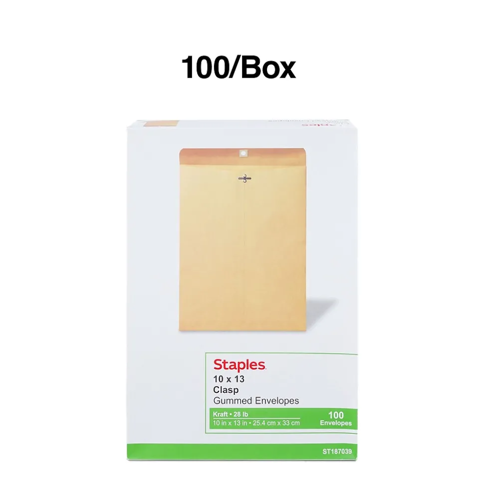 Staples Kraft Clasp & Moistenable Glue Catalog Envelopes, 10" x 13", Brown, 100/Box (ST187039-CC)