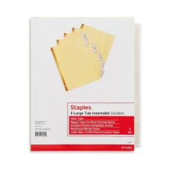 Staples Large Tab Insertable Paper Dividers, Clear 5 Tab, Buff (13486/11110)