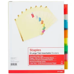 Staples Large Tab Insertable Paper Divider, 8 Tabs, Buff with Assorted-Color Tabs, 1 Set (13487/11111)