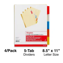Staples Large Tab Insertable Dividers, 5-Tab, Assorted Colors, 4/Pack (13515/14481)