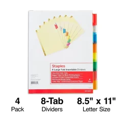 Staples Large Tab Insertable Paper Divider, 8 Tabs, Buff with Assorted-Color Tabs, 4 Sets (13517/14483)