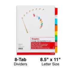 Staples Large Tab Insertable Dividers, 8-Tab, Assorted Colors (13492/11123)
