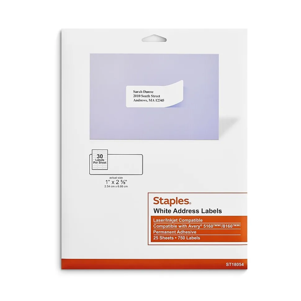 Staples Laser/Inkjet Address Labels, 1" x 2-5/8", White, 30 Labels/Sheet, 25 Sheets/Pack (ST18054-CC)