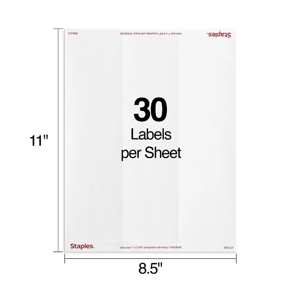 Staples Laser/Inkjet Address Labels, 1" x 2-5/8", White, 30 Labels/Sheet, 25 Sheets/Pack (ST18054-CC)