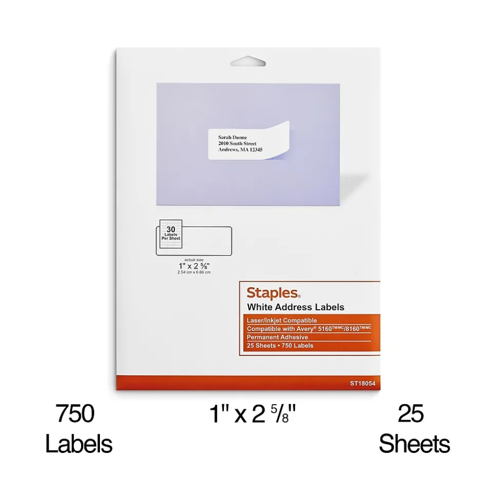 Staples Laser/Inkjet Address Labels, 1" x 2-5/8", White, 30 Labels/Sheet, 25 Sheets/Pack (ST18054-CC)