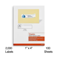 Staples Laser/Inkjet Address Labels, 1" x 4", White, 20 Labels/Sheet, 100 Sheets/Pack, 2000 Labels/Box (18058/SIWO110)
