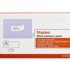 Staples Laser/Inkjet Address Labels, 1" x 2 5/8", White, 30 Labels/Sheet, 1000 Sheets/Pack, 30,000 Labels/Box (18055)